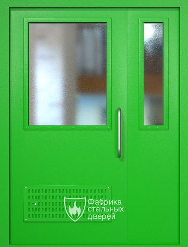 Полуторная техническая дверь RAL 6038 с широкими стеклопакетами (ручка-скоба, вентиляция)
