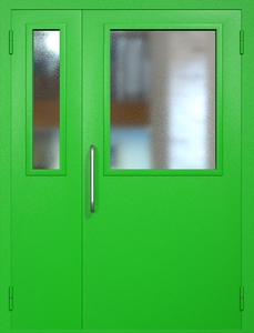 Полуторная техническая дверь RAL 6038 с широкими стеклопакетами (ручка-скоба)