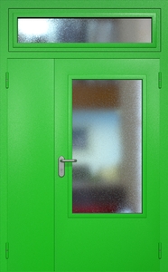 Полуторная техническая дверь RAL 6038 с удлиненным широким стеклопакетом (остекленная фрамуга)