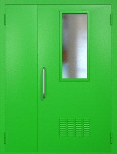 Полуторная техническая дверь RAL 6038 с узким стеклопакетом (ручка-скоба, вентиляция)