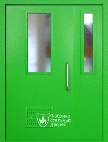 Полуторная техническая дверь RAL 6038 с узкими стеклопакетами (ручка-скоба, вентиляция)