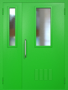 Полуторная техническая дверь RAL 6038 с узкими стеклопакетами (ручка-скоба, вентиляция)