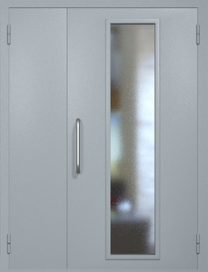 Полуторная техническая дверь RAL 7040 с длинным узким стеклопакетом (ручка-скоба)