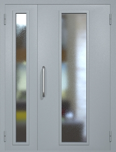 Полуторная техническая дверь RAL 7040 с длинными узкими стеклопакетами (ручка-скоба)