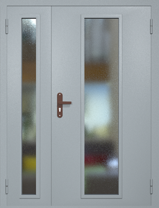 Полуторная техническая дверь RAL 7040 с длинными узкими стеклопакетами