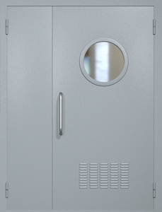 Полуторная техническая дверь RAL 7040 с круглым стеклопакетом (ручка-скоба, вентиляция)