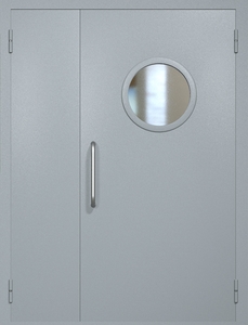 Полуторная техническая дверь RAL 7040 с круглым стеклопакетом (ручка-скоба)