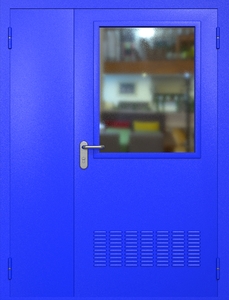 Полуторная техническая стальная дверь RAL 5002 с широким стеклопакетом (вентиляция)