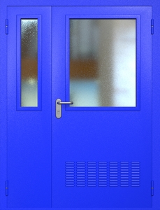 Полуторная техническая стальная дверь RAL 5002 с широкими стеклопакетами (вентиляция)