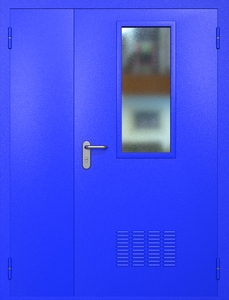 Полуторная техническая стальная дверь RAL 5002 с узким стеклопакетом (вентиляция)