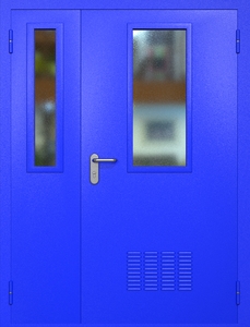 Полуторная техническая стальная дверь RAL 5002 с узкими стеклопакетами (вентиляция)