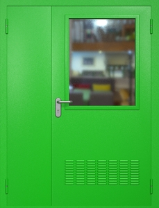 Полуторная техническая стальная дверь RAL 6038 с широким стеклопакетом (вентиляция)