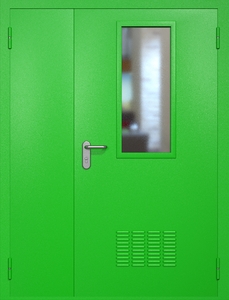 Полуторная техническая стальная дверь RAL 6038 с узким стеклопакетом (вентиляция)