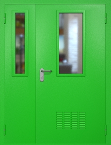 Полуторная техническая стальная дверь RAL 6038 с узкими стеклопакетами (вентиляция)