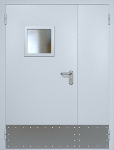 Полуторная противопожарная дверь ei60 RAL 7035 с квадратным стеклопакетом (узкий отбойник)