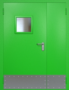 Полуторная противопожарная дверь ei60 RAL 6038 с квадратным стеклопакетом (узкий отбойник)