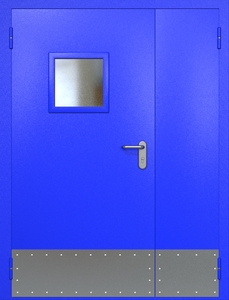 Полуторная противопожарная дверь ei60 RAL 5002 с квадратным стеклопакетом (узкий отбойник)